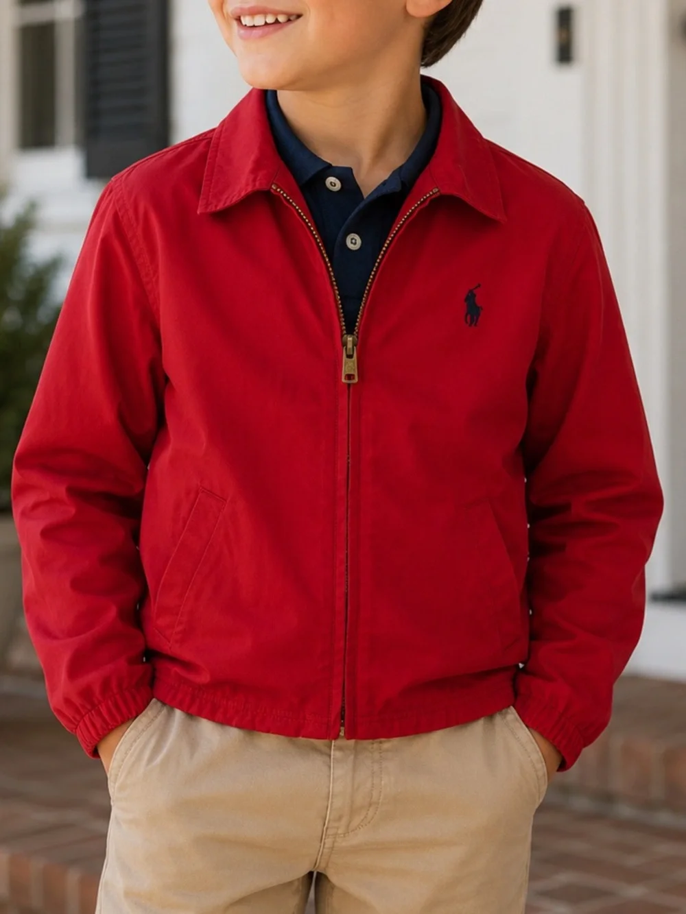 Ralph Lauren Red Zip-Front Cotton Twill Jacket Navy Pony Preppy Classic